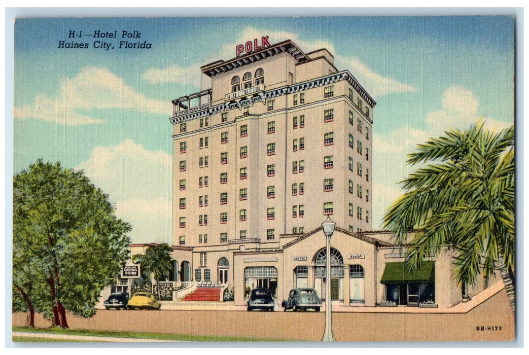 c1940 Hotel Polk Restaurant Building Classic Cars Stairs Haines City FL Postcard