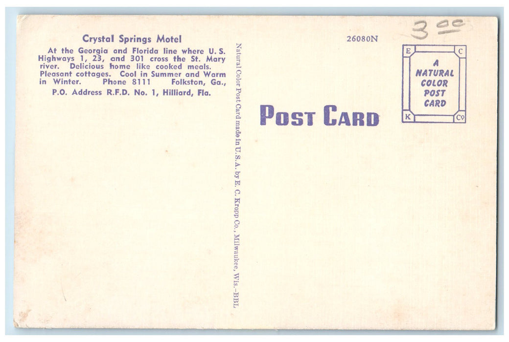 c1950 Crystal Spring Motel Restaurant Building View Hilliard Florida FL Postcard