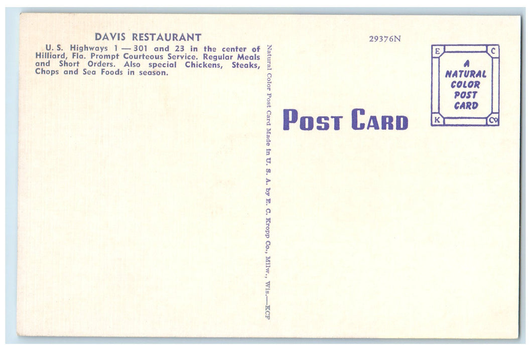 c1950 Davis Restaurant Dining Set Up Entrance View Hilliard Florida FL Postcard