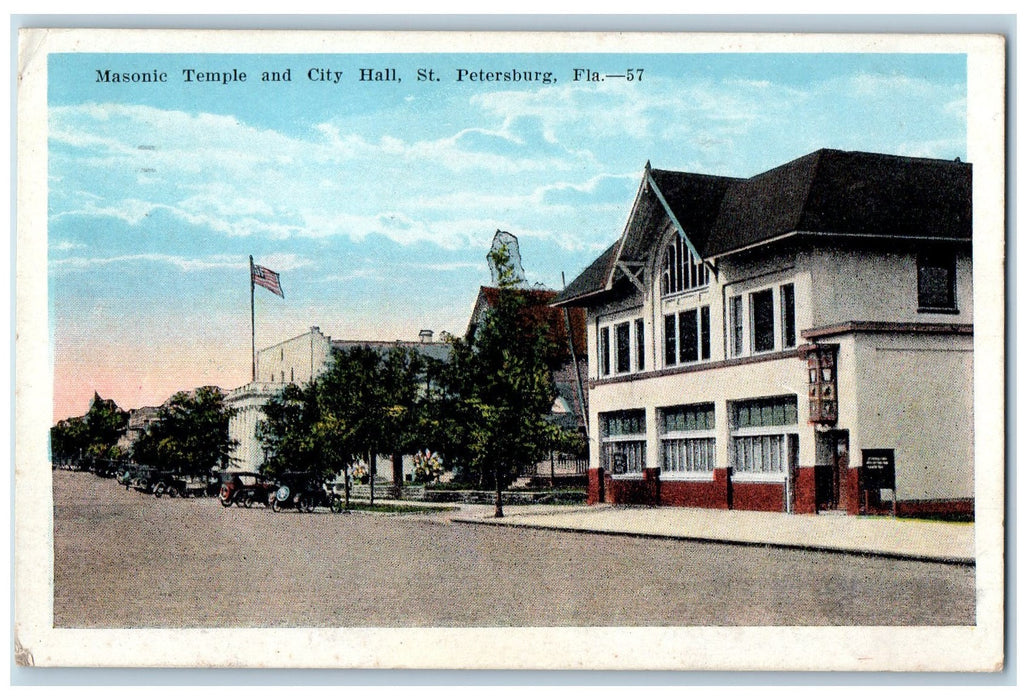 1923 Masonic Temple & City Hall Building Cars St. Petersburg Florida FL Postcard