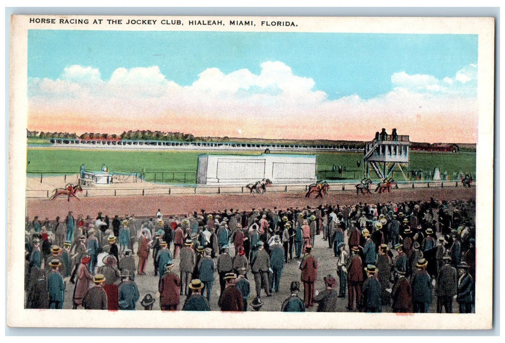 c1920's Horse Racing At Jockey Club Race Track Crowd Hialeah Florida FL Postcard