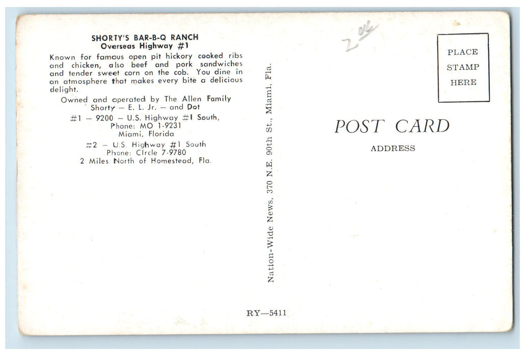 c1950 Shorty's BarBQ Ranch Restaurant Overseas Highway Miami Florida FL Postcard