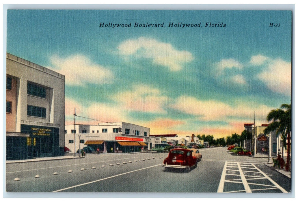 c1940's Hollywood Boulevard Buildings Stores Road Hollywood Florida FL Postcard