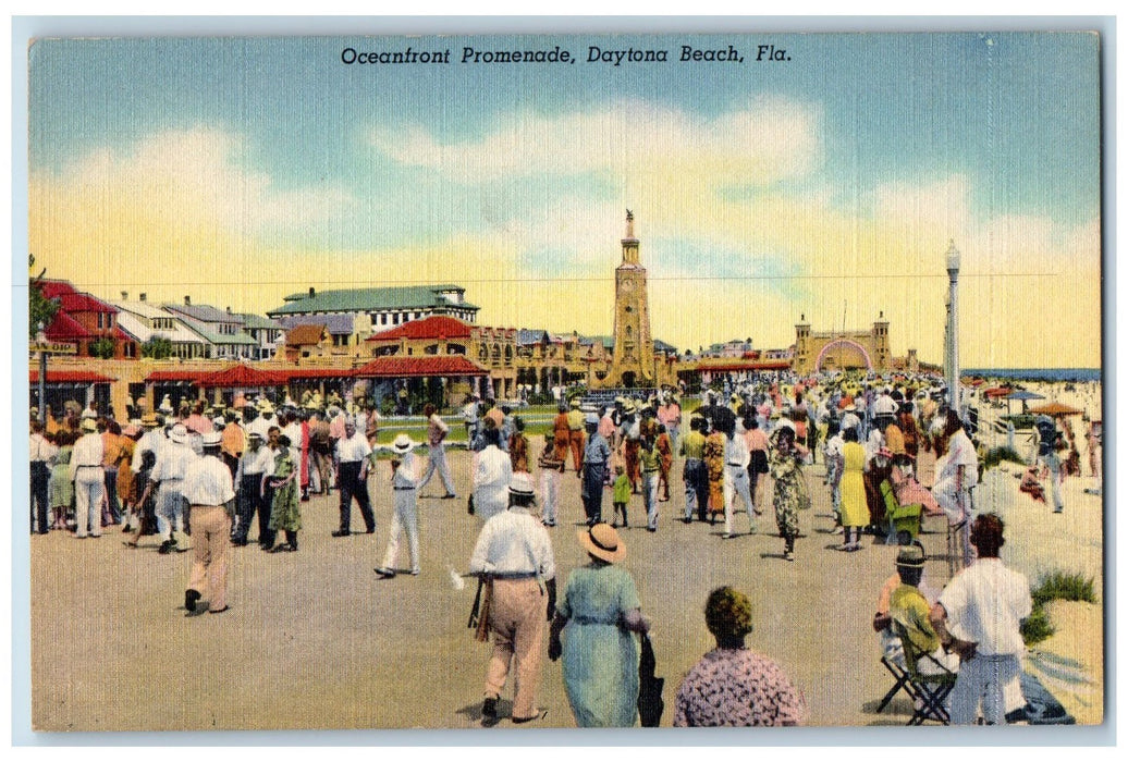 c1940's Oceanfront Promenade Crowd Beach Tower Daytona Beach Florida FL Postcard