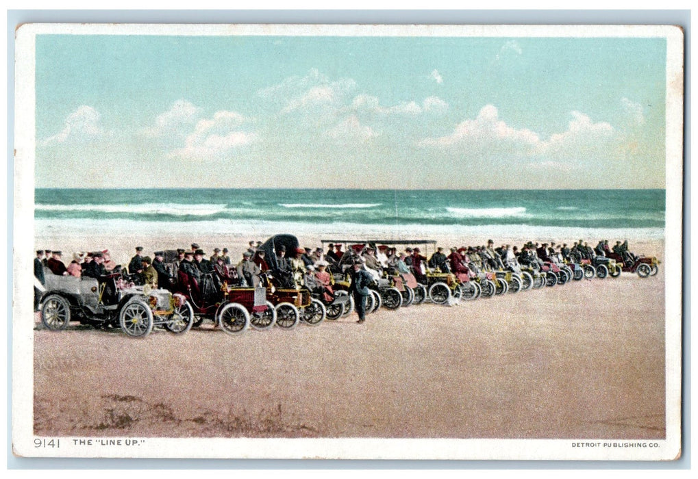 c1920 The Line Up Classic Cars Crowd Shoreline Daytona Beach Florida FL Postcard