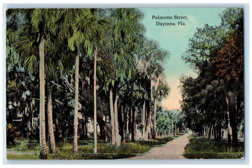 c1950 Palmetto Street Dirt Road Lined Trees Building Daytona Florida FL Postcard