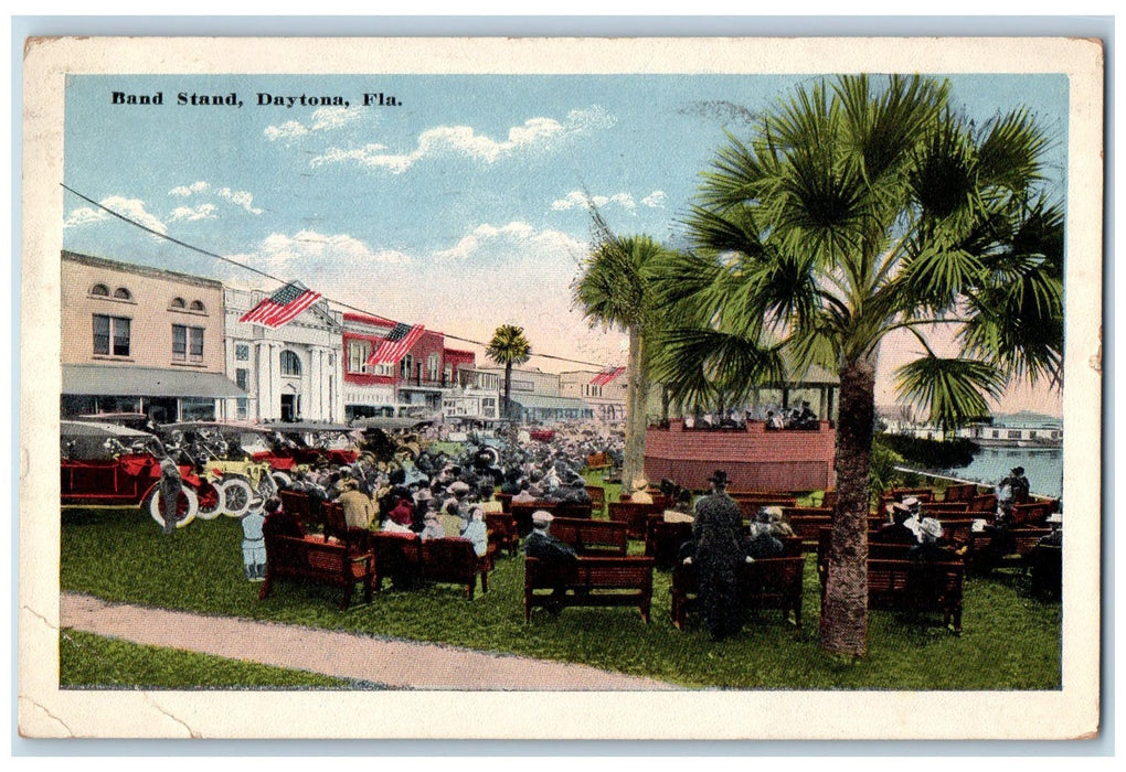 1916 Band Stand Shed Crowd Classic Cars Buildings Daytona Florida FL Postcard