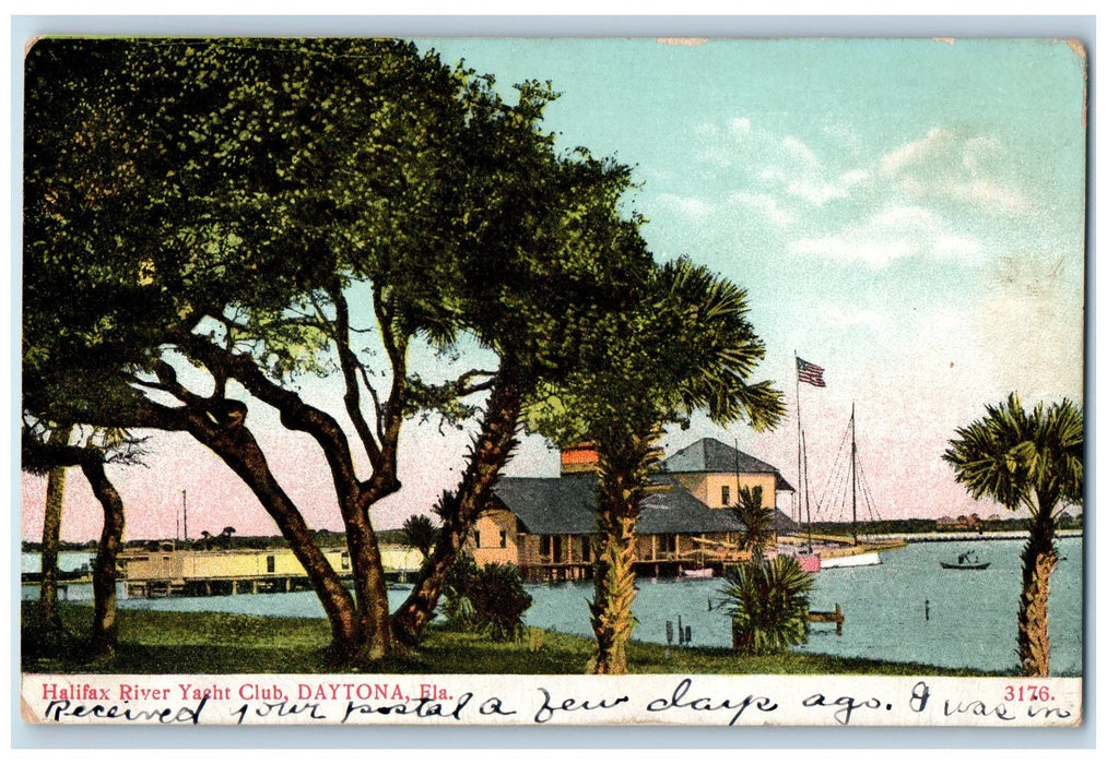 1907 Halifax River Yacht Club Wharf Boats Dock Trees Daytona Florida FL Postcard