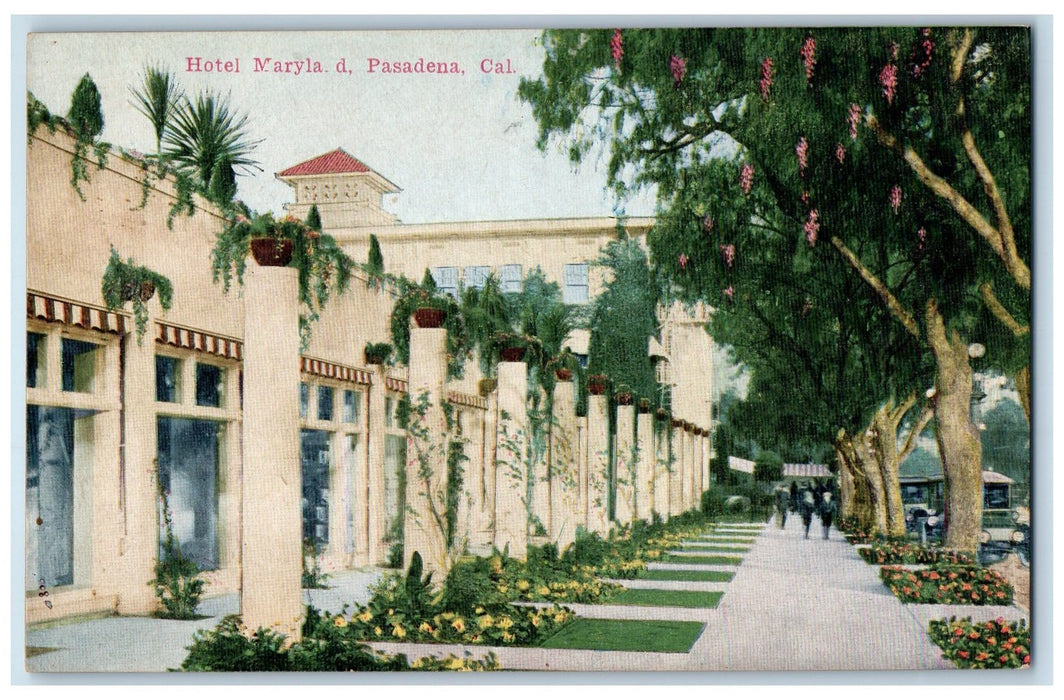 c1910s Hotel Maryland Exterior Path Scene Pasadena California CA Flower Postcard