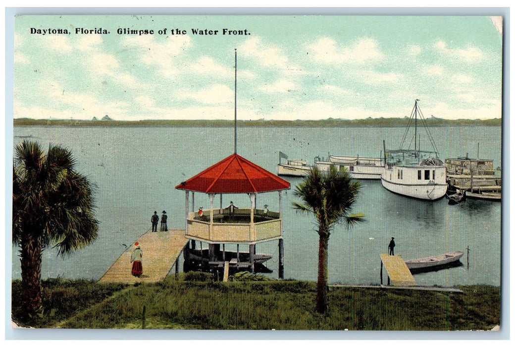 1911 Glimpse Of Water Front Sheds Bridge Boats Dock Tourists Daytona FL Postcard