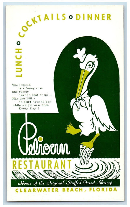 c1950 Pelican Restaurant Dining Clearwater Beach Florida FL Advertising Postcard