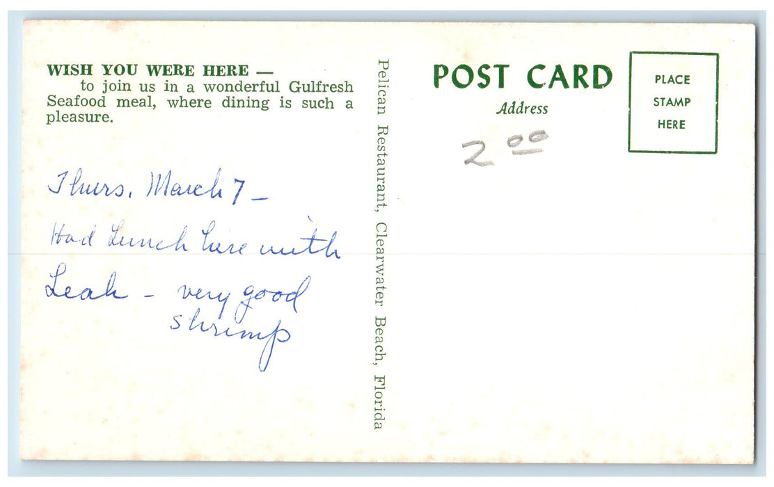 c1950 Pelican Restaurant Dining Clearwater Beach Florida FL Advertising Postcard