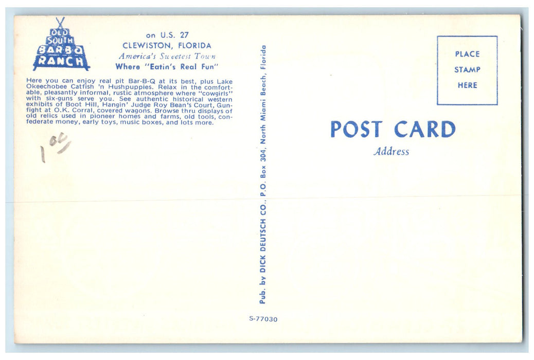 c1950 Old South BarBQ Ranch Restaurant Clewiston Florida FL Advertising Postcard