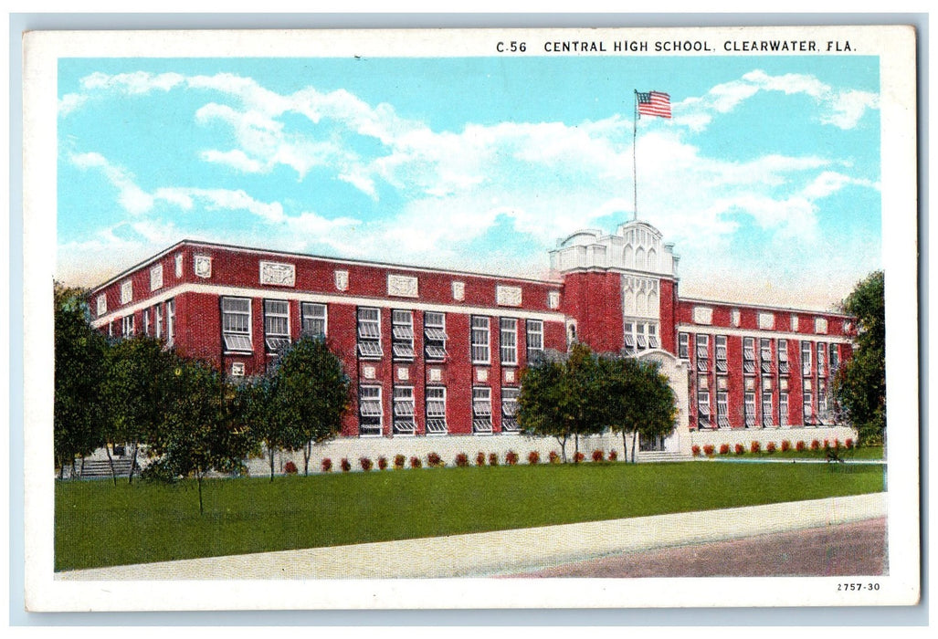 c1920's Central High School Campus Building Flag Clearwater Florida FL Postcard