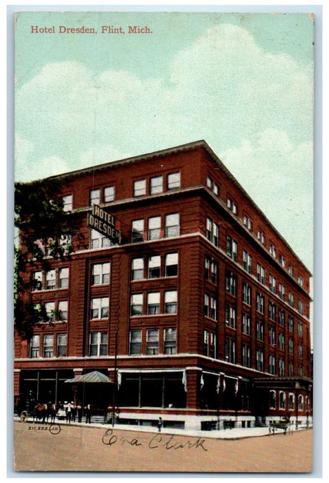 1909 Hotel Dresden Building Restaurant Entrance Horse Carriage Flint MI Postcard