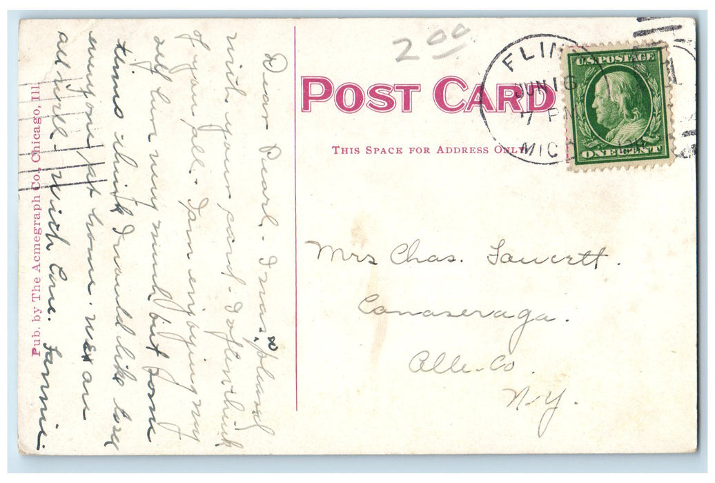 1911 Water Works Park River Lake Boating Tourists Groves Shade Flint MI Postcard