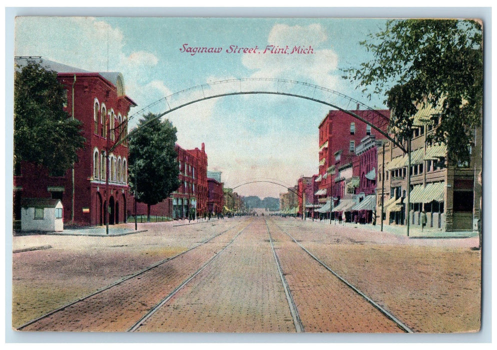 c1950's Saginaw Street Truss Arch Railway Buildings Downtown Flint MI Postcard