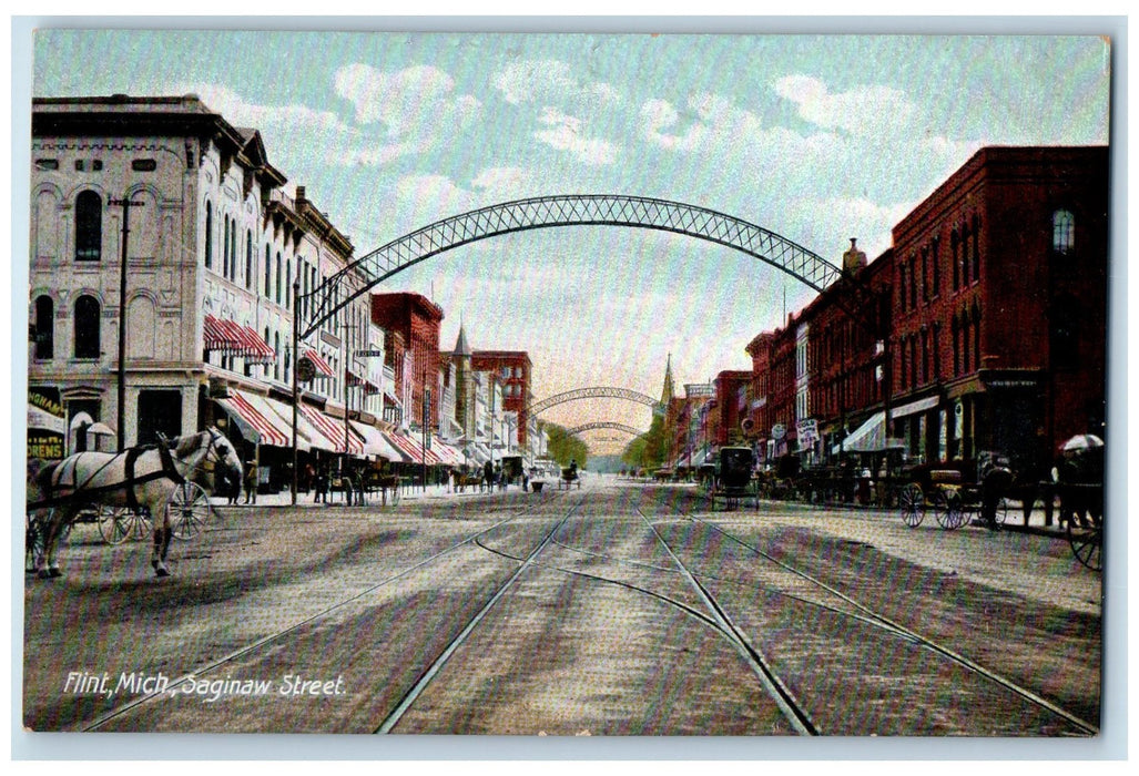c1950 Saginaw Street Truss Arch Railway Stores Horse Carriage Flint MI Postcard