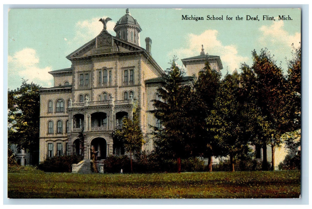 c1950 Michigan School For The Deaf Campus Building Dome Tower Flint MI Postcard