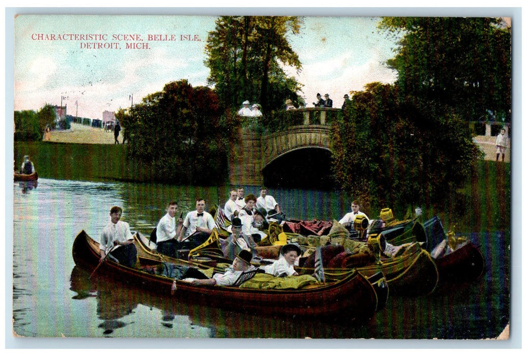 1908 Characteristic Scene Group Of Tourist Boating Bridge Lake Flint MI Postcard