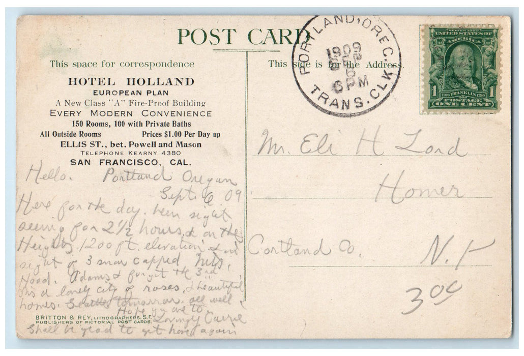 1909 Hotel Holland Ellis St. Near Powell San Francisco California CA  Postcard