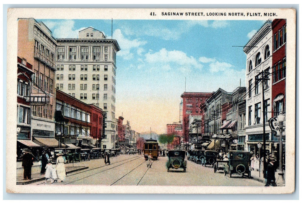 c1920 Saginaw Street Looking North Crowd Railway Classic Cars Flint MI Postcard