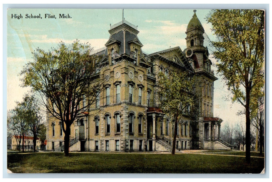 c1950 High School Campus Building Clock Tower Stairs Flint Michigan MI Postcard