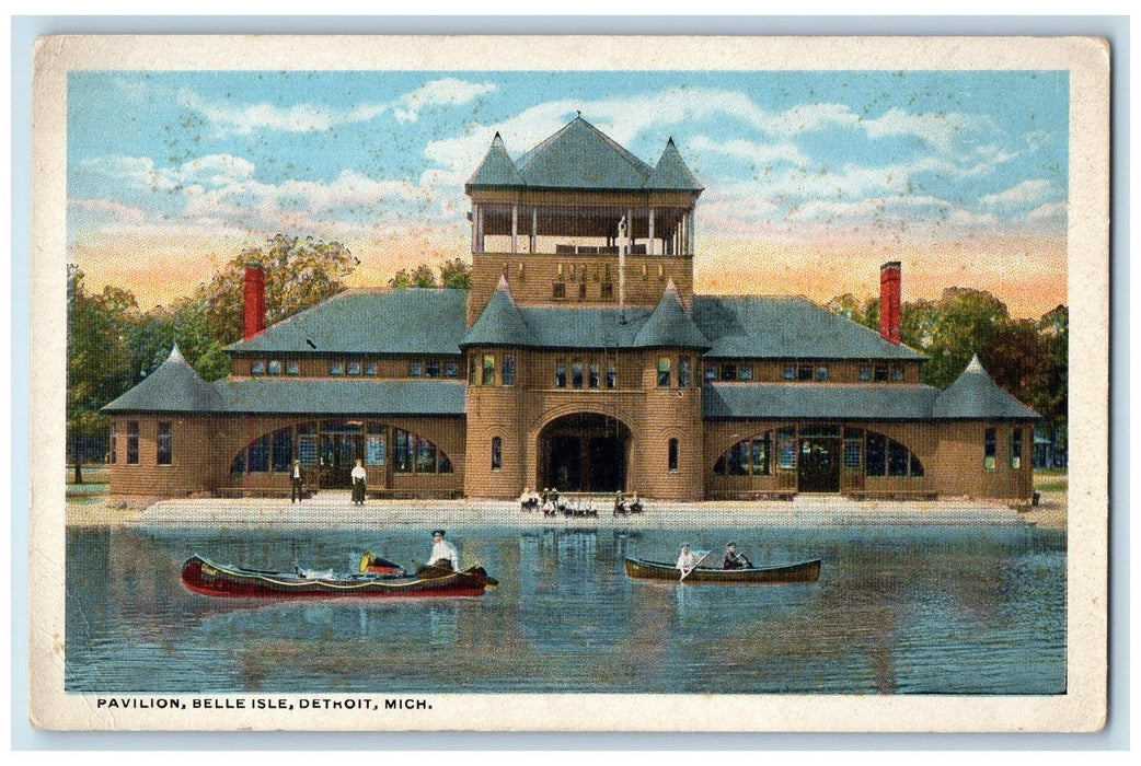 c1920 Pavilion Belle Isle Boating Lake River Building View Detroit MI Postcard