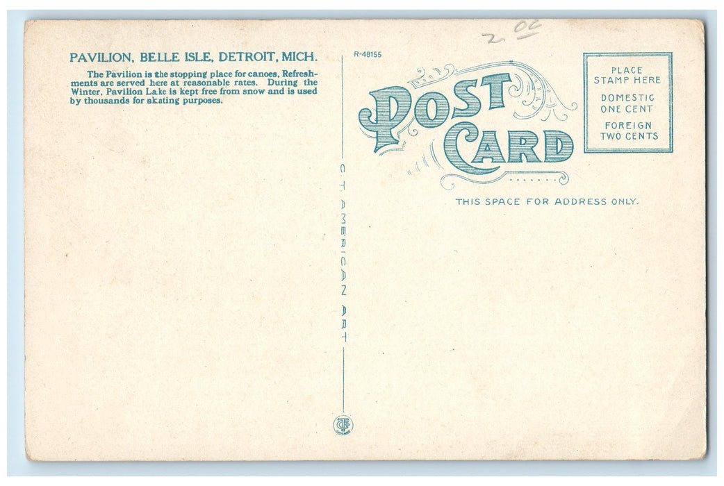 c1920 Pavilion Belle Isle Boating Lake River Building View Detroit MI Postcard