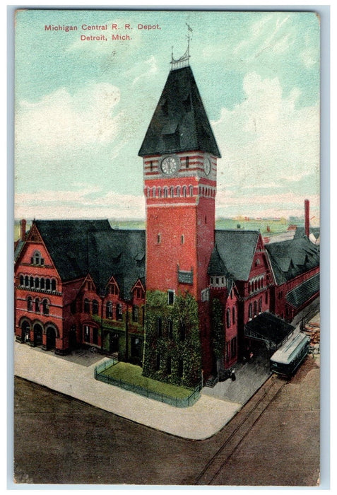 1908 Michigan Railroad Depot Building Clock Tower Entrance Detroit MI Postcard