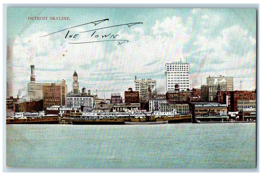 c1950 Detroit Skyline Boat Ship Dock Buildings Tower Flint Michigan MI Postcard