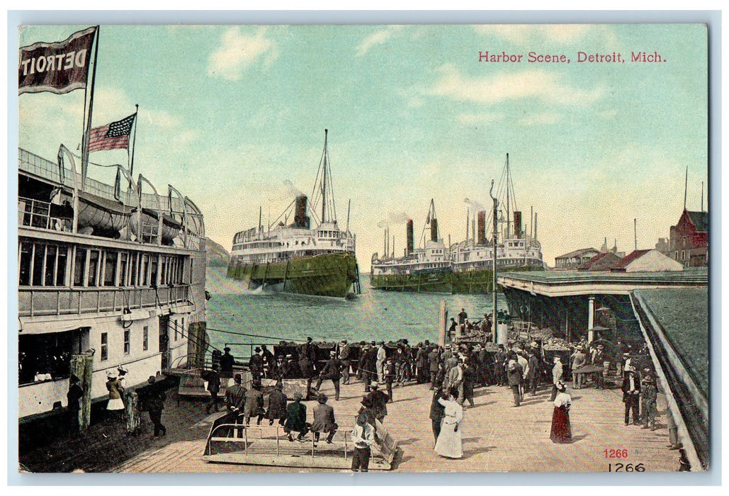 c1950's Harbor Scene Ships Boats Landing Dock Passenger View Detroit MI Postcard