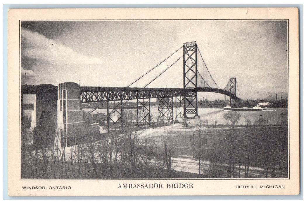 c1920's Ambassador Truss Bridge Windsor &  Detroit Ship Pass Detroit MI Postcard