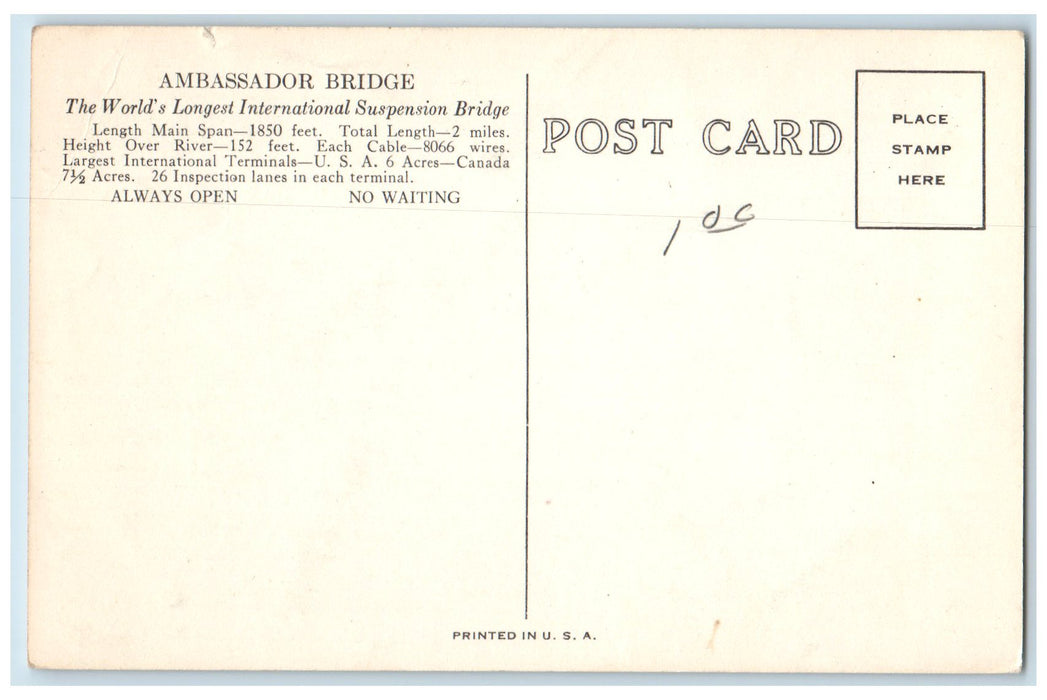 c1920's Ambassador Truss Bridge Windsor &  Detroit Ship Pass Detroit MI Postcard