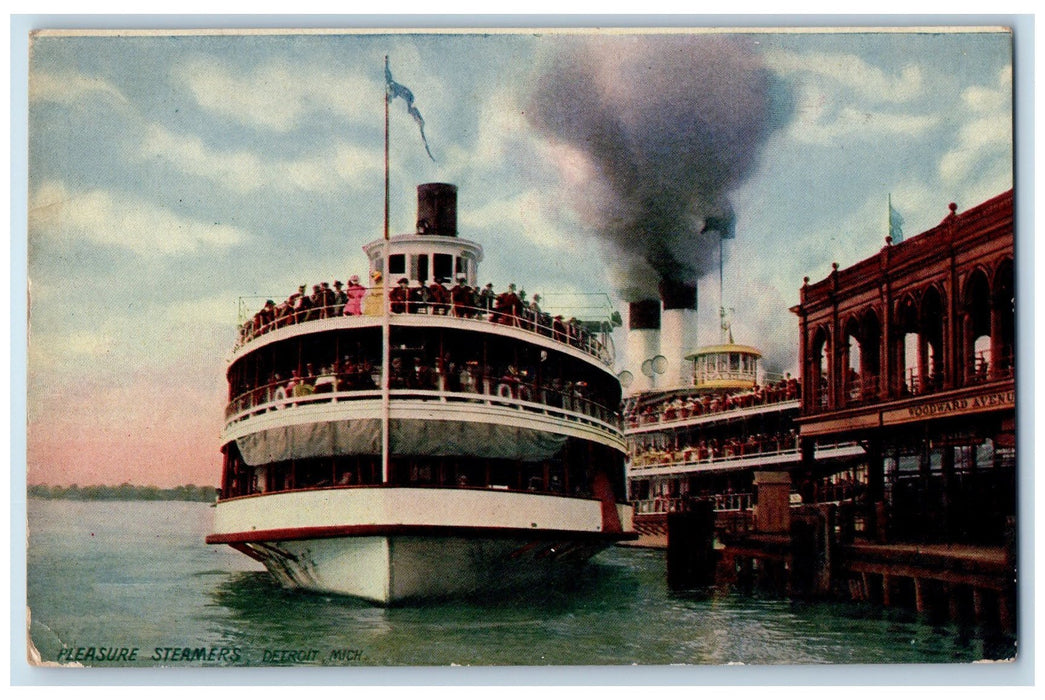 c1950's Pleasure Steamers Passenger Ship Smokestacks Harbor Detroit MI Postcard
