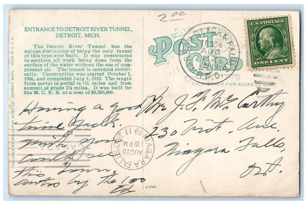 1911 Entrance To Detroit River Tunnel Railroad Bridge Detroit MI Posted Postcard