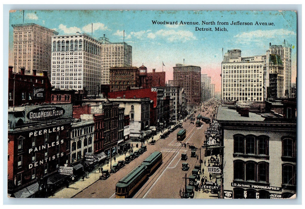 c1950 Woodward Avenue From Jefferson Ave. Buildings Railway Detroit MI Postcard