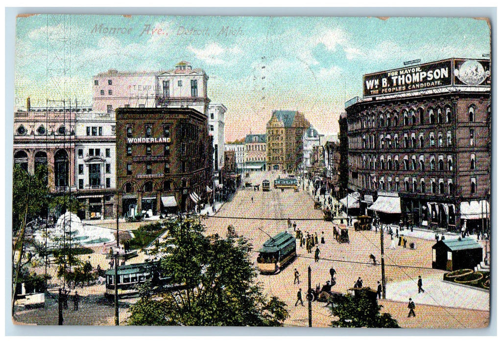 1909 Monroe Avenue Park Fountain Buildings Trolley Detroit Michigan MI Postcard