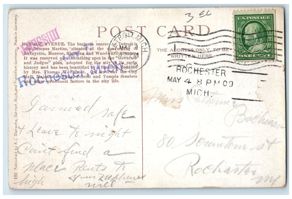 1909 Monroe Avenue Park Fountain Buildings Trolley Detroit Michigan MI Postcard