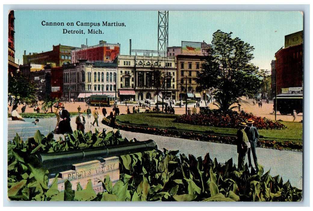 c1950's Cannon On Campus Martius Park Flowers Beads Building Detroit MI Postcard