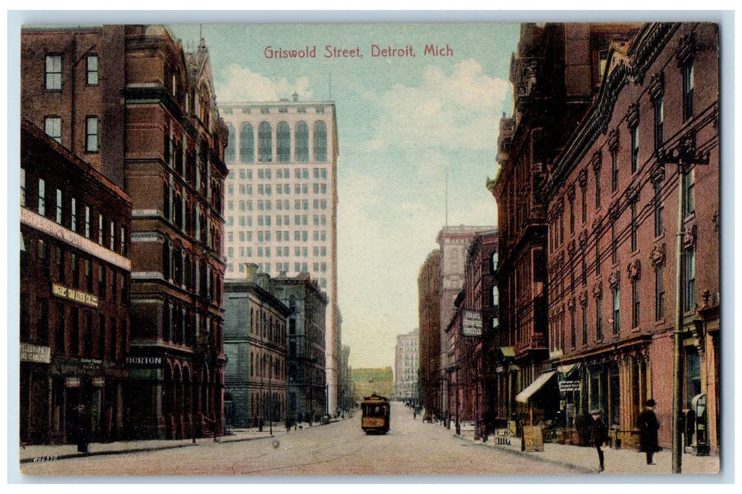 c1950's Griswold Street Buildings Trolley Railway Detroit Michigan MI Postcard