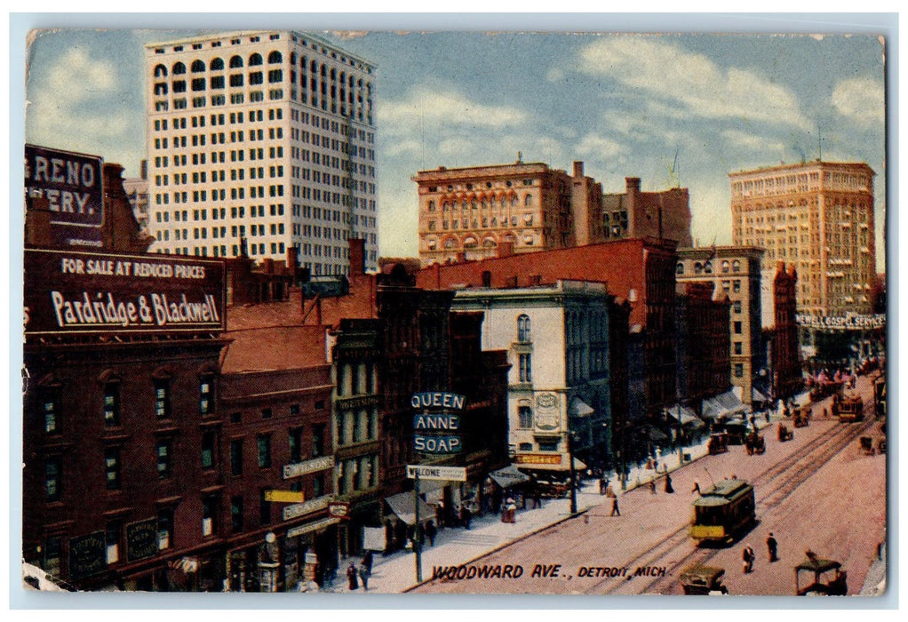 1912 Woodward Avenue Establishments Railway Trolley Detroit Michigan MI Postcard