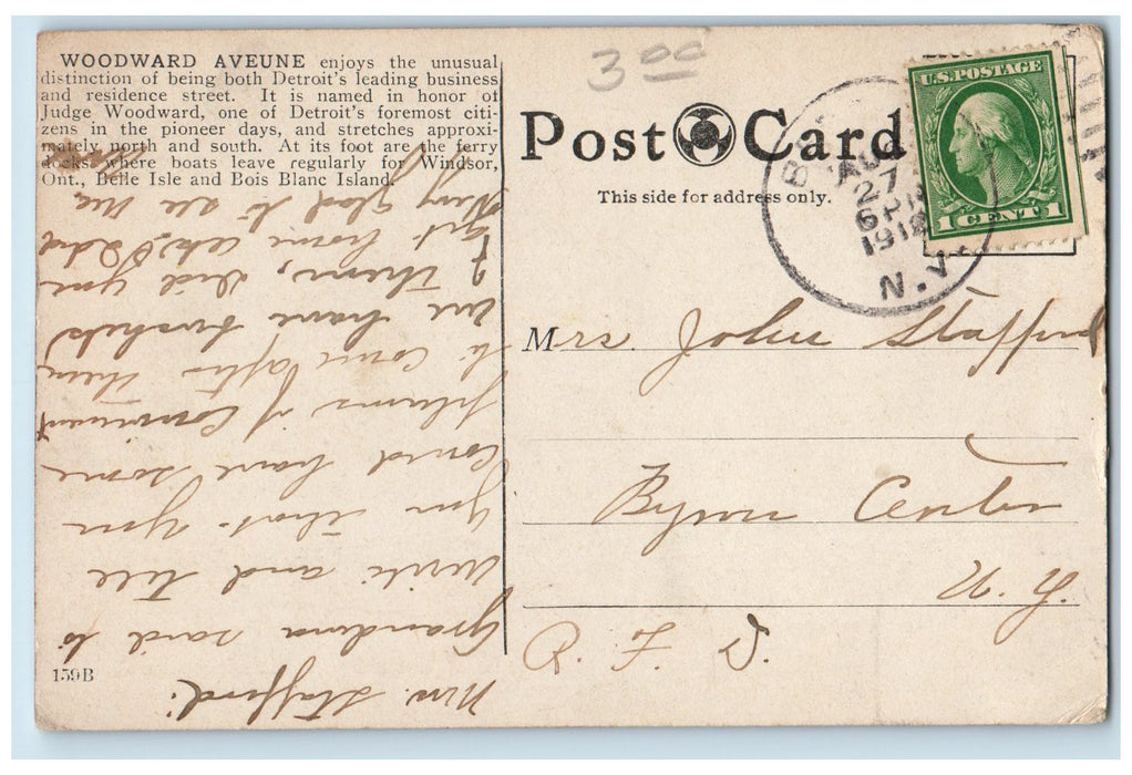 1912 Woodward Avenue Establishments Railway Trolley Detroit Michigan MI Postcard