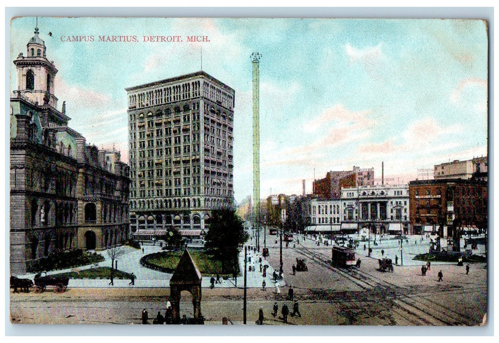 1908 Campus Martius Building Tower Cross Roads View Detroit Michigan MI Postcard