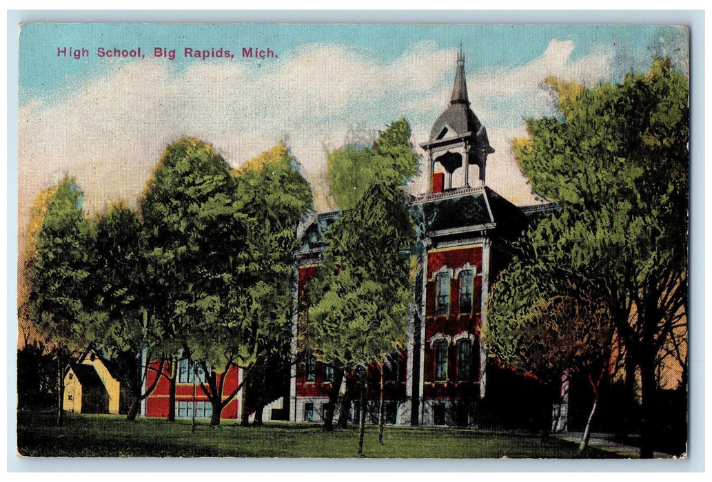 1912 High School Building Campus Tower Grove Big Rapids Michigan MI Postcard