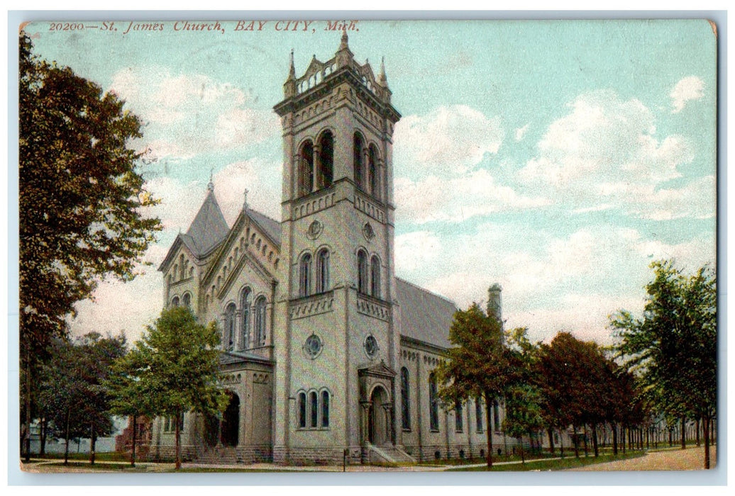1909 St. James Church Tower Entrance Building View Bay City Michigan MI Postcard