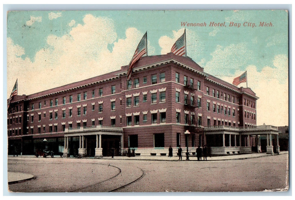1912 Wenonah Hotel Building Restaurant Entrance Flags Cars Bay City MI Postcard