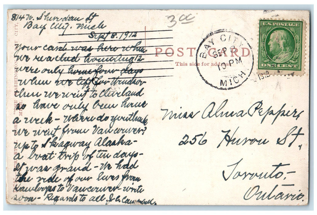 1912 Wenonah Hotel Building Restaurant Entrance Flags Cars Bay City MI Postcard