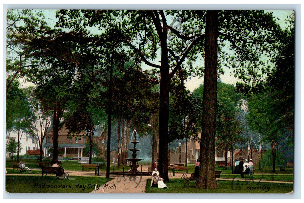 1909 Madison Park Fountain Families Benches Groves Bay City Michigan MI Postcard
