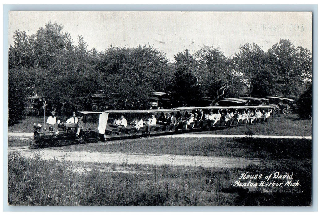 1930 Miniature Train Railroad Tourists On Board Cars Benton Harbor MI Postcard